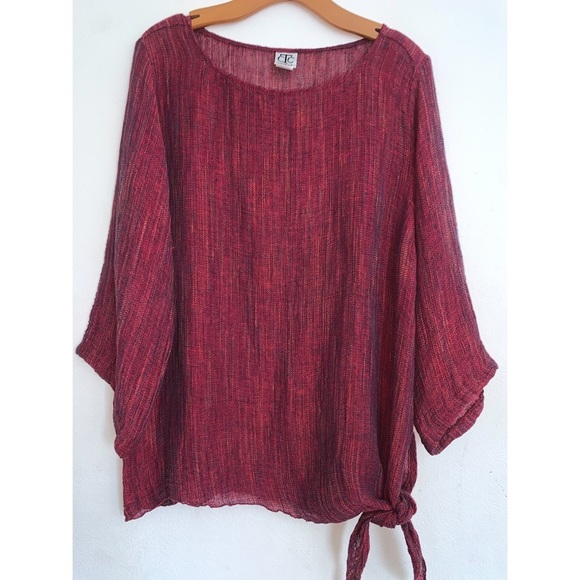 CTC Linen Mesh Tie Long Sleeve Burgundy Red Oversized Tunic Top Blouse Size M - Picture 2 of 12